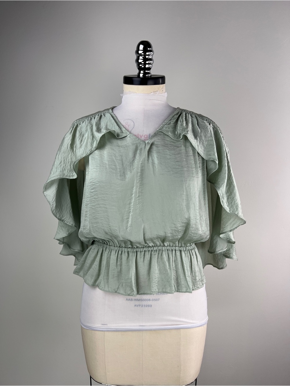 💚 3849. Ruffled Sleeve Peplum Cape Blouse - Sage Green